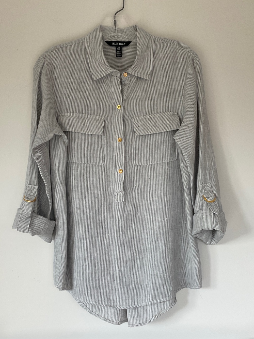 Ellen Tracy Gray/White pinstripe Linen Tunic S